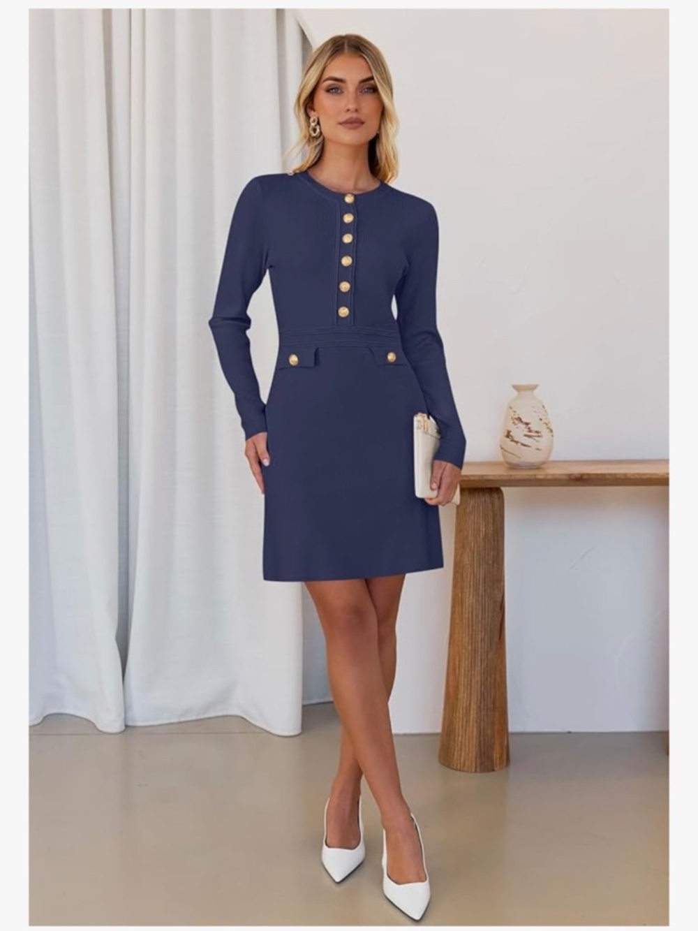 Navy blue long sleeve bodycon gold button sweater dress